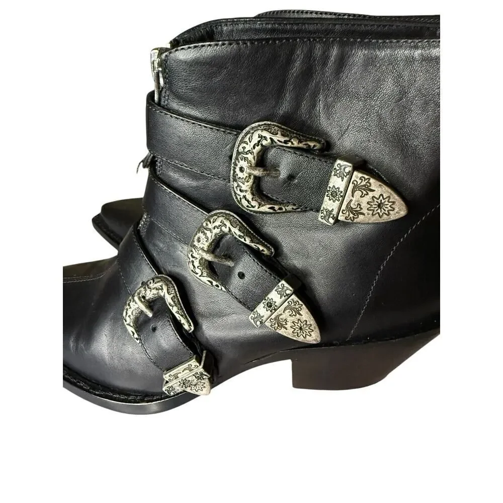 R13 Ankle Three Buckle Boot Black Leather sz 38 $995